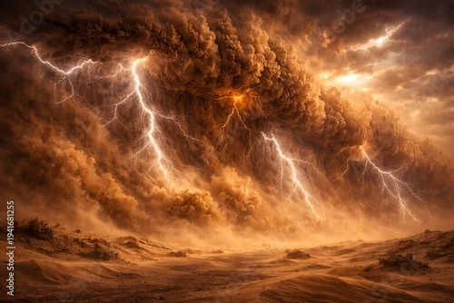 Surreal sandstorm with lightning inside the dust clouds, glowing electric veins cutting through swirling sand, dramatic sky, dark fantasy mood, hyper-detailed textures, epic sci-fi realism.