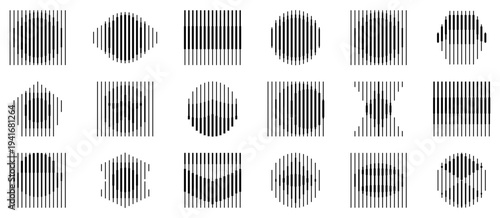 Abstract geometric line illusion shapes collection. Vertical lines forming circular and curved optical patterns