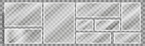 Transparent glass panels collection with light reflections. Realistic glossy frames isolated on transparent background