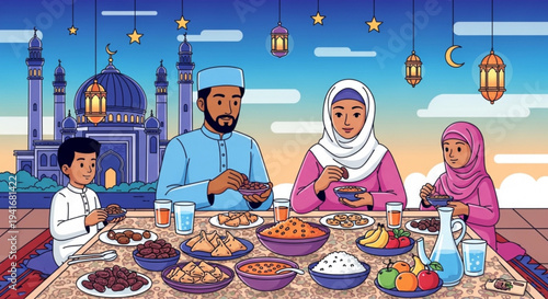 Muslim family sharing iftar meal together on ramadan with mosque background