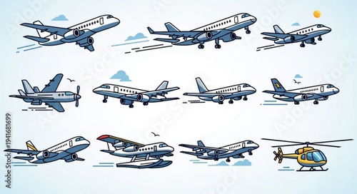 Collection of Airplane and Helicopter Illustrations in Varied Styles.