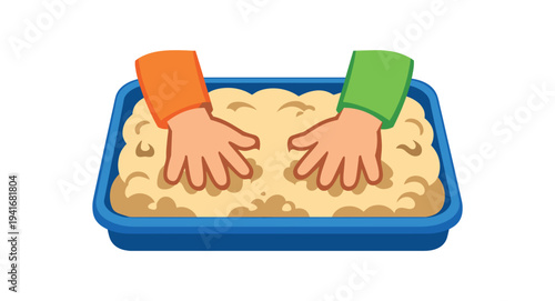 Two small hands press into a blue tray filled with soft sand or dough, suggesting tactile sensory play for kids and fine motor practice.