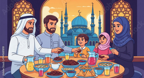 Muslim family sharing iftar meal together during ramadan with mosque background