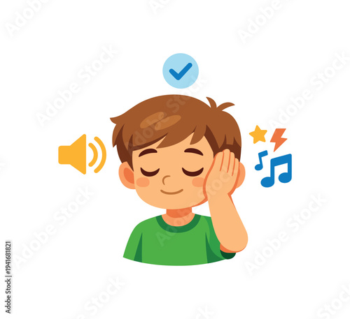 A content child cups one ear with a checkmark above and icons for sound, music, and alerts nearby, representing controlled listening, sensory processing, or an auditory skills exercise for children.