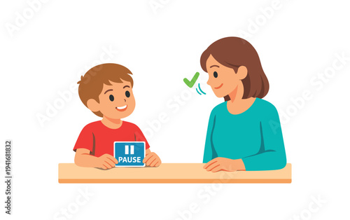 A child sits at a table holding a blue "pause" card while an adult woman smiles and gives a supportive gesture, useful for teaching calm or pause cue strategies.