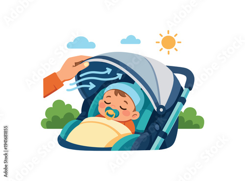 A baby bundled in a stroller naps with a pacifier while an adult hand adjusts the canopy for airflow and shade, set against a sunny outdoor background with clouds and greenery.