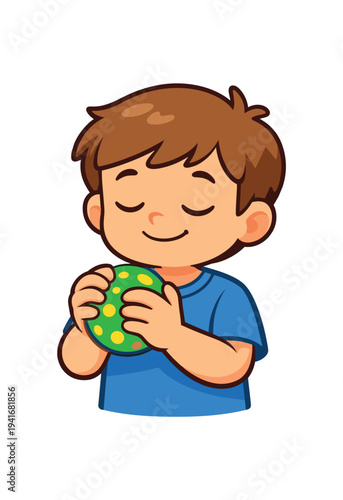 Cartoon illustration of a happy young boy in a blue shirt gently holding a green ball with yellow dots, eyes closed and smiling — suitable for children’s book art, nursery decor, or toy packaging.