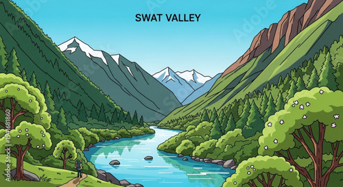Scenic valley landscape with river trees and snow capped mountains under blue sky