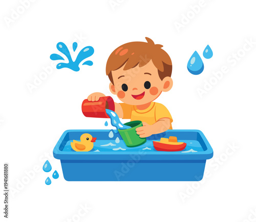 Cheerful vector of a young boy in a yellow shirt pouring water from a red cup into a blue tub filled with water, a rubber duck and toy boat visible 
