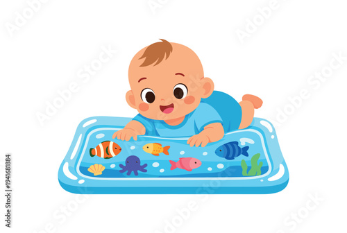 Bright cartoon of a happy baby on their stomach reaching toward a blue inflatable water play mat filled with fish, octopus, shells, and bubbles 