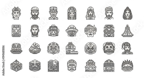 Collection of diverse character heads and architectural structures in detailed line art.