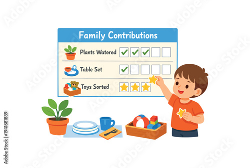 A cheerful child adds star stickers to a "family contributions" checklist that lists plants watered, table set, and toys sorted, with a potted plant, plates, cup, and toy box nearby 