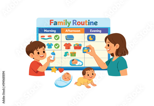 A parent and two children stand by a large family routine chart divided into morning, afternoon, and evening columns, showing tasks like feeding, sleeping, and play to organize daily childcare.