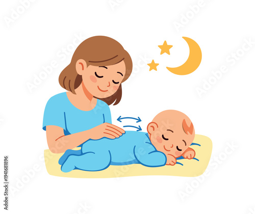 A peaceful scene of a mother soothing a baby lying on a blanket as moon and stars hover overhead, showing a calm bedtime or sleep moment 