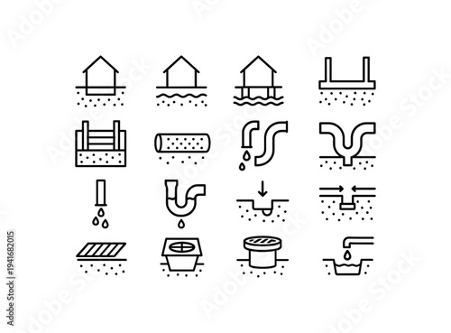 A collection of simple line icons for plumbing and drainage: pipes, fittings, grates, seepage, sump, and foundation water symbols for plans and manuals.