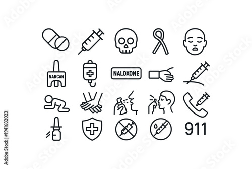Black outline icons for opioid overdose response including pills, syringe, skull, ribbon, naloxone box, narcan, injection, inhaler, dropper, shield and 911 emergency symbols.
