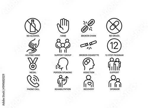 Clean line icons for rehab and recovery including no alcohol, hand, broken chain, no drugs, support group, broken cigarette, 12-step badge, phone call and recovery person symbols.