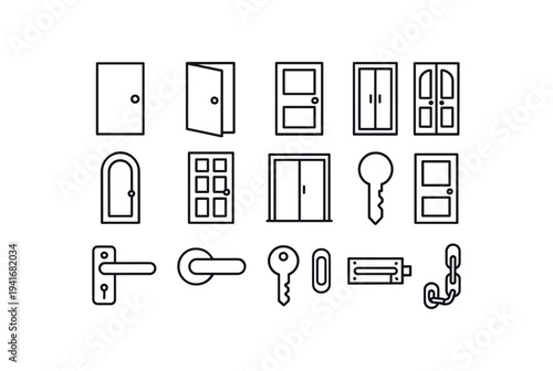 Minimal line icons of single and double doors, arched and paneled doors, keys, handles, locks, chains and other door hardware for architecture, real estate and interior design use.