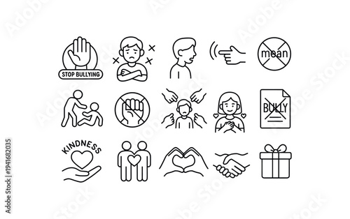 Line icons illustrating anti-bullying messages and acts of kindness—stop bullying hand, crossed-out mean sign, sad and comforted figures, hearts, hands forming a heart, handshake and gift