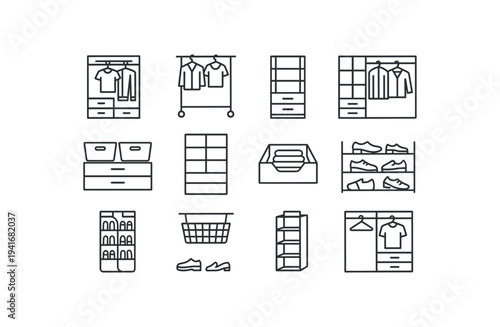 A set of simple line icons showing closets, wardrobes, shelving units, drawers, baskets, shoe racks and hangers for wardrobe organization, storage and furniture apps.