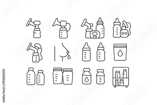 Black line icon set of manual and electric breast pumps, milk bottles and storage bags, milk drops, and refrigeration symbols for breastfeeding support, storage, and feeding instructions.