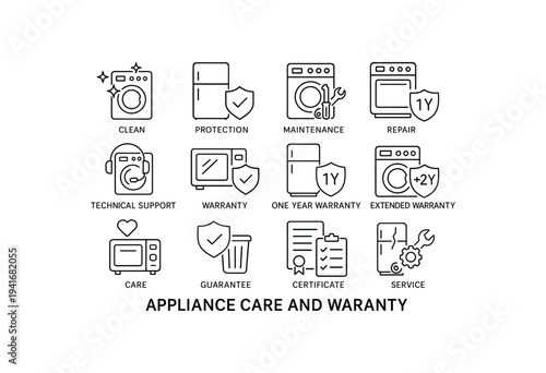 A set of thin-line icons related to appliance care: washing machine, refrigerator, repair tools, warranty badges, technical support headset, certificate and guarantee symbol