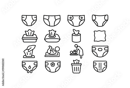 Simple black line icons of diapers, wipes, tissue boxes, changing table and trash bin illustrating baby changing and hygiene items for product labels or informational graphics.