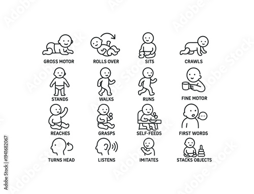 Simple black line icons showing baby milestones like crawling, sitting, standing, walking, fine motor skills and first words for use in health guides, charts, posters, or apps.