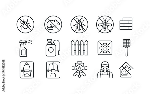 Line icon collection of insects and rodents crossed out, spray bottles, traps, bait, protective mask and gloves, fences and hazard symbols for pest control and safety services.