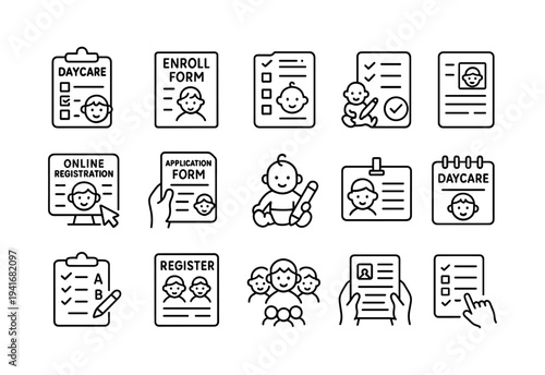Black outline icons for daycare and enrollment tasks — id badges, application forms, online registration, parent and child profiles, checklists for use on enrollment pages or admin panels.