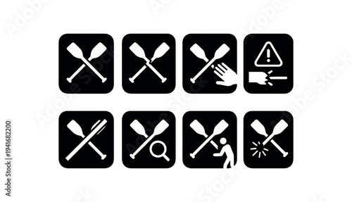 A collection of simple black rounded-square icons of crossed oars and related safety symbols such as a hand warning, magnifier, person and spark for signage or ui use.