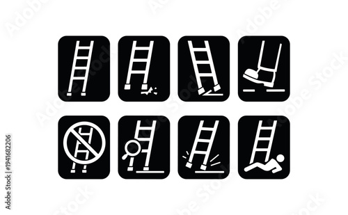A set of solid square icons showing ladders, broken or unstable steps, foot pressure, prohibited ladder use, inspection, slipping, and person fallen.