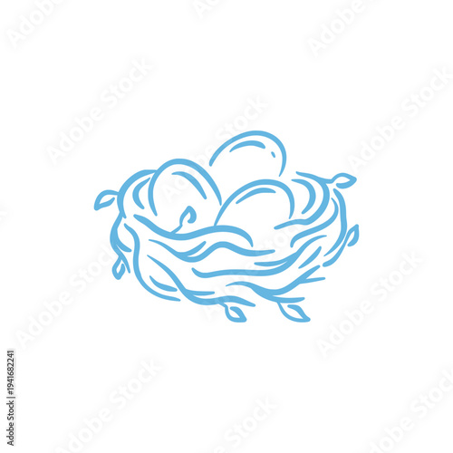 Hand-drawn spring illustration of bird nest with eggs. Whimsical blue line art sketch in vintage style, perfect for Easter designs, nature-themed greeting cards, or rustic home decor graphics. Vector