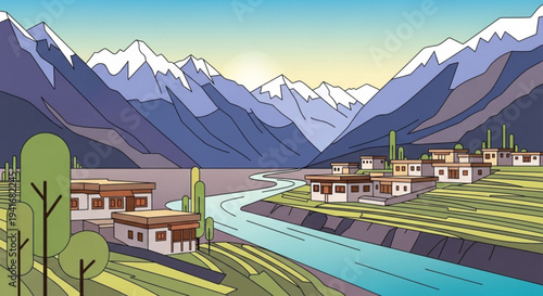 Serene village landscape with river snow capped mountains and traditional houses in a valley at sunrise