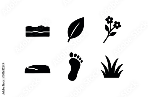 Six bold black nature icons showing layered soil, single leaf, flower sprig, rock slab, human footprint and grass tuft for ecology, trail maps and outdoor signage.