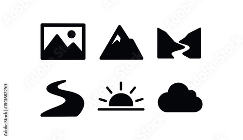 A set of six monochrome landscape icons including a photo frame, two mountain shapes, a winding road, a sunrise, and a cloud for ui or web use.
