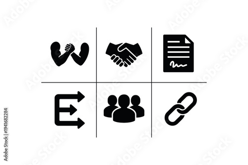 A six-cell black icon grid on white showing collaboration and business symbols: arm wrestle (competition), handshake, document, directional arrows, group of people, 