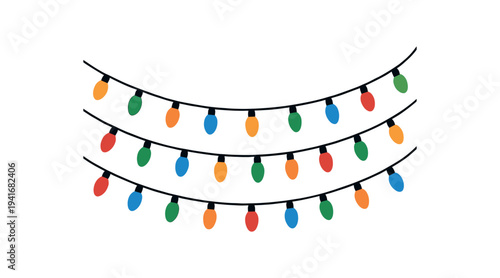 Simple flat illustration of three curved strings of colorful bulbs (red, green, blue, yellow) on black cords, suitable for holiday backgrounds, banners, or greeting cards.