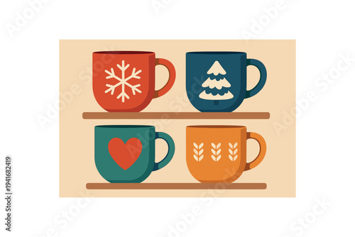 Flat illustration of four patterned mugs sitting on two wooden shelves; designs include a snowflake, christmas tree, heart, and wheat sheaf in warm winter colors for kitchen or gift art.