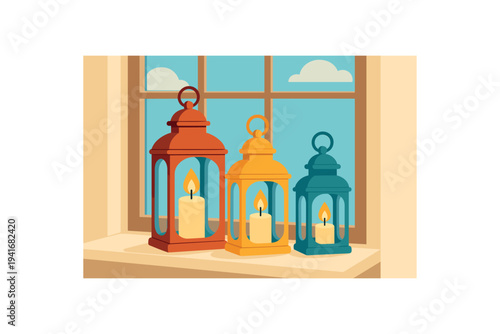 Flat illustration of three hanging-style lanterns in red, yellow, and teal placed on a windowsill with burning candles inside and a sunny sky through the window, ideal for interior or seasonal art.