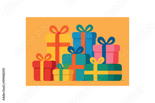 A pile of brightly wrapped presents in various sizes and colors arranged as a festive background for holiday or party designs.