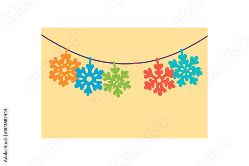 A cheerful string of bright snowflake cutouts in different colors clipped to a cord, perfect for winter party or seasonal decor backgrounds.