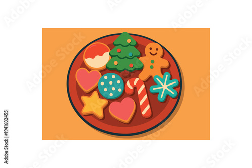 A round plate filled with assorted decorated cookies—gingerbread man, tree, stars, hearts and a candy cane—suitable for holiday baking and greeting designs.