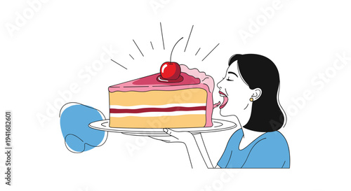Happy woman enthusiastically licking a large delicious slice of cherry cake symbolizing indulgence and sweet craving.