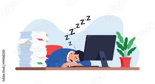 Exhausted businessman sleeping on desk surrounded by towering stacks of papers and computer symbolizing overwork and burnout.