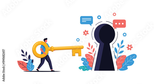 Man carrying a giant key towards a large keyhole, symbolizing unlocking opportunities, finding solutions, and access.