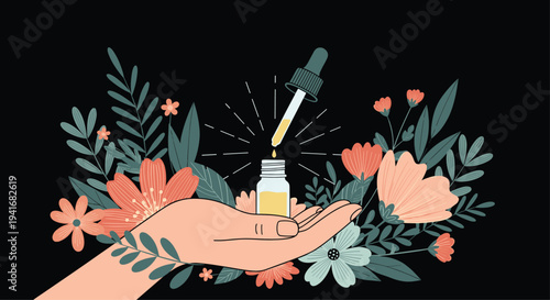 Hand holding a dropper putting essential oil into a small bottle surrounded by vibrant flowers, symbolizing aromatherapy and wellness.