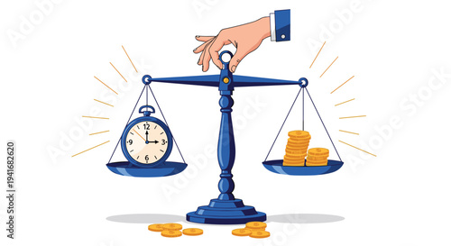 Hand balancing a clock (time) against stacks of coins (money) on a scale, symbolizing the concept that time is money.