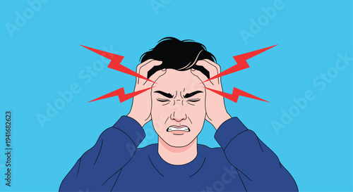 Stressed man with hands on head, pained expression, and lightning bolts symbolizing severe headache, stress, or migraine.