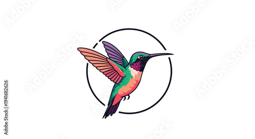 Vibrant colorful hummingbird in flight, beautifully captured within a circular frame, symbolizing nature and freedom.